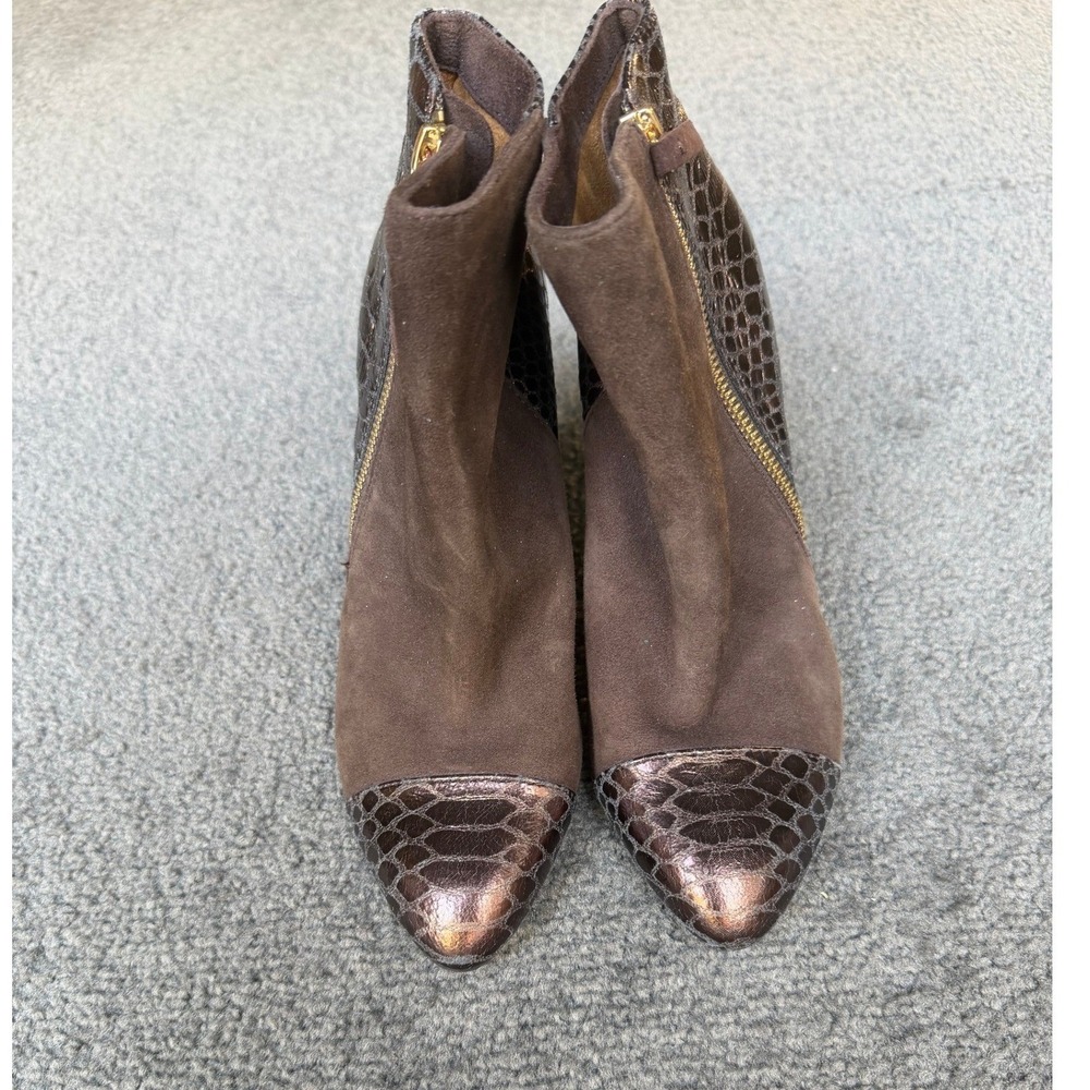 Sofft Womens Brown Suede Bronze Snakeskin Embossed Ankle Boots Side Zip Heel